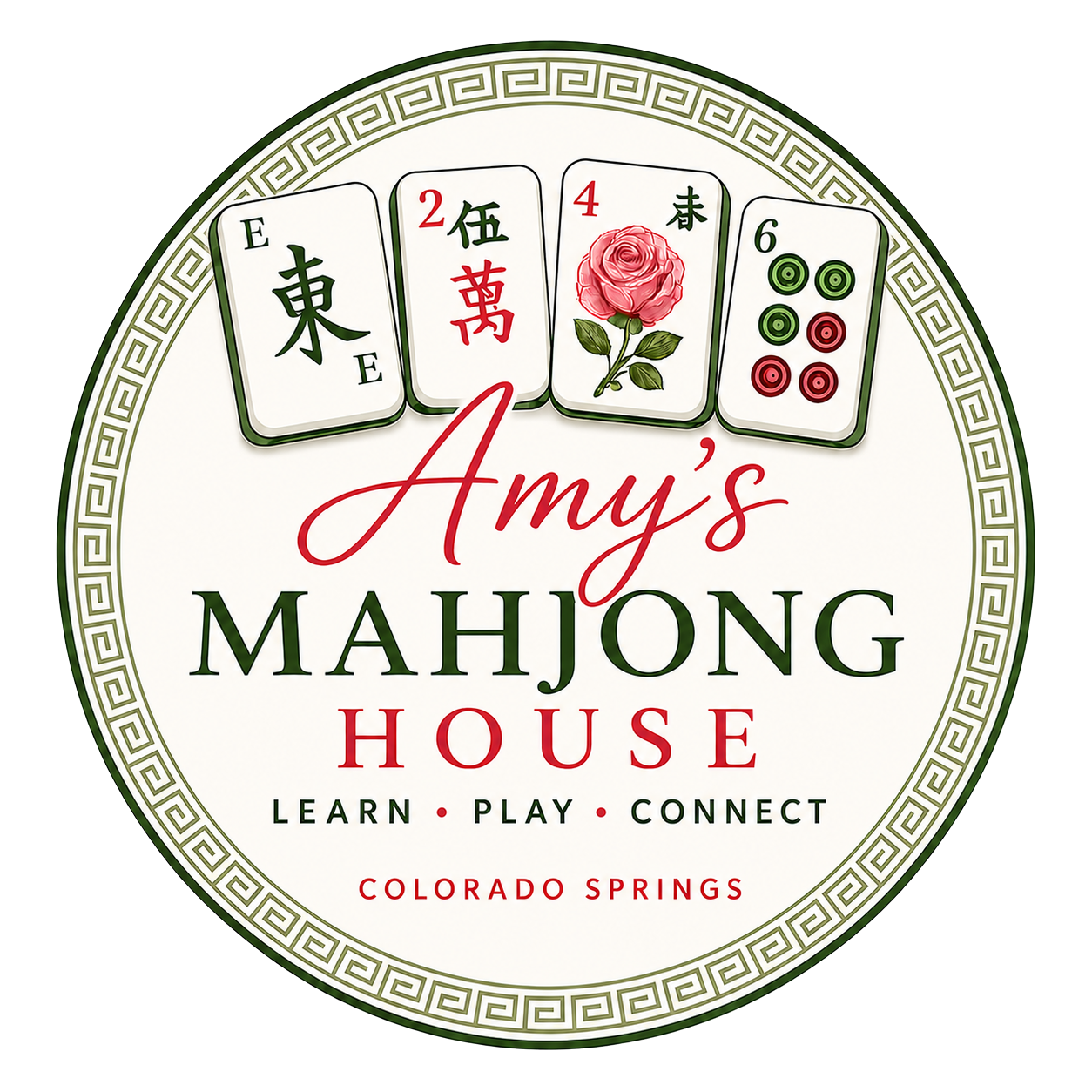 Amy's Mahjong House round logo with Mahjong tiles